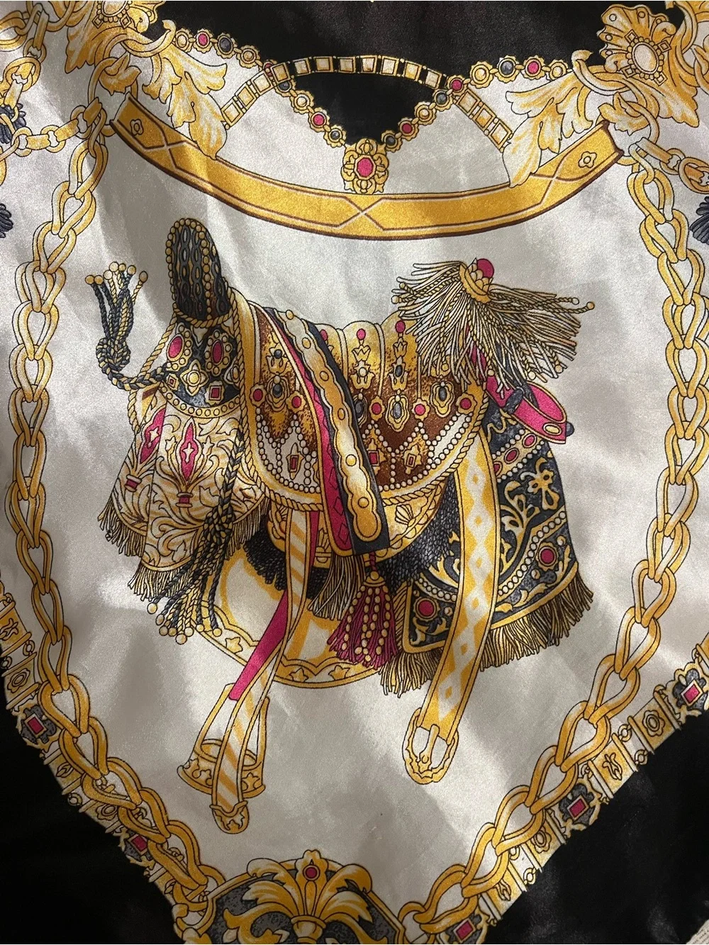 36” Scarf: Silk-Feel Baroque Print Scarf in Black, Gold & Cream